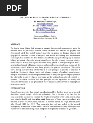 Qur Anic Principles Of Co Existence By M T Aliyu S H Liman And A A Sulaiman Prophets And Messengers In Islam Quran