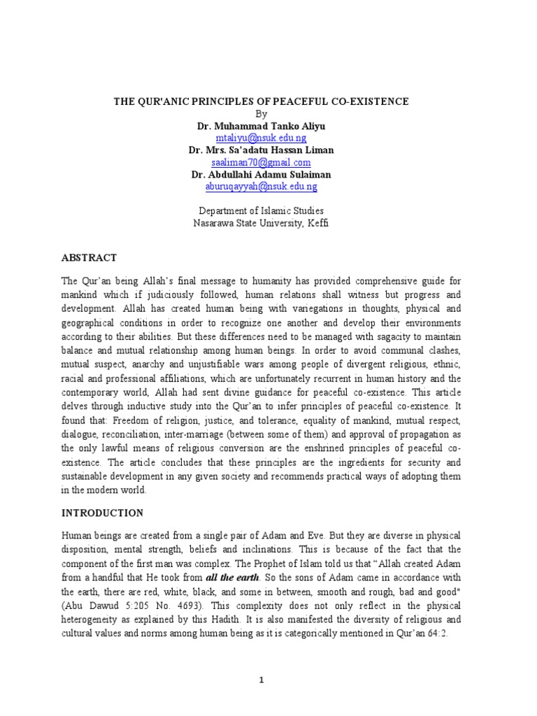 Qur Anic Principles Of Co Existence By M T Aliyu S H Liman And A A Sulaiman Prophets And Messengers In Islam Quran