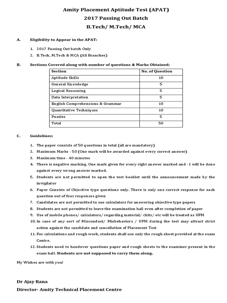 Amity Placement Aptitude Test Guidelines | PDF | Test (Assessment ...