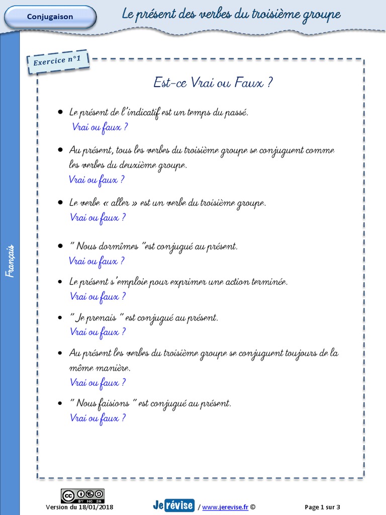 Verbes Du 3ème Groupe Au Présent Exercices Pdf