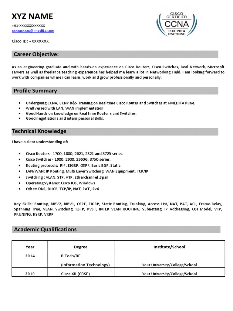 CCNA Fresher Network Engineer Resume | PDF | Network Switch | Internet ...