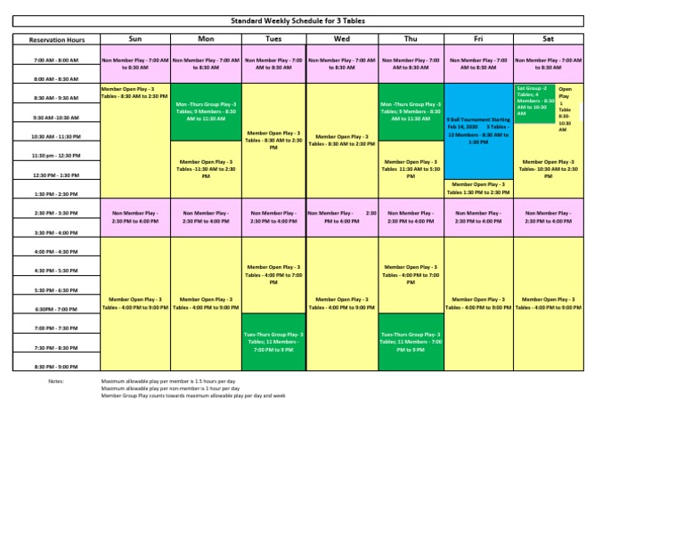 Standard Weekly Billiard Schedule-2020 Version 2 | Cue Sports | Ball Games