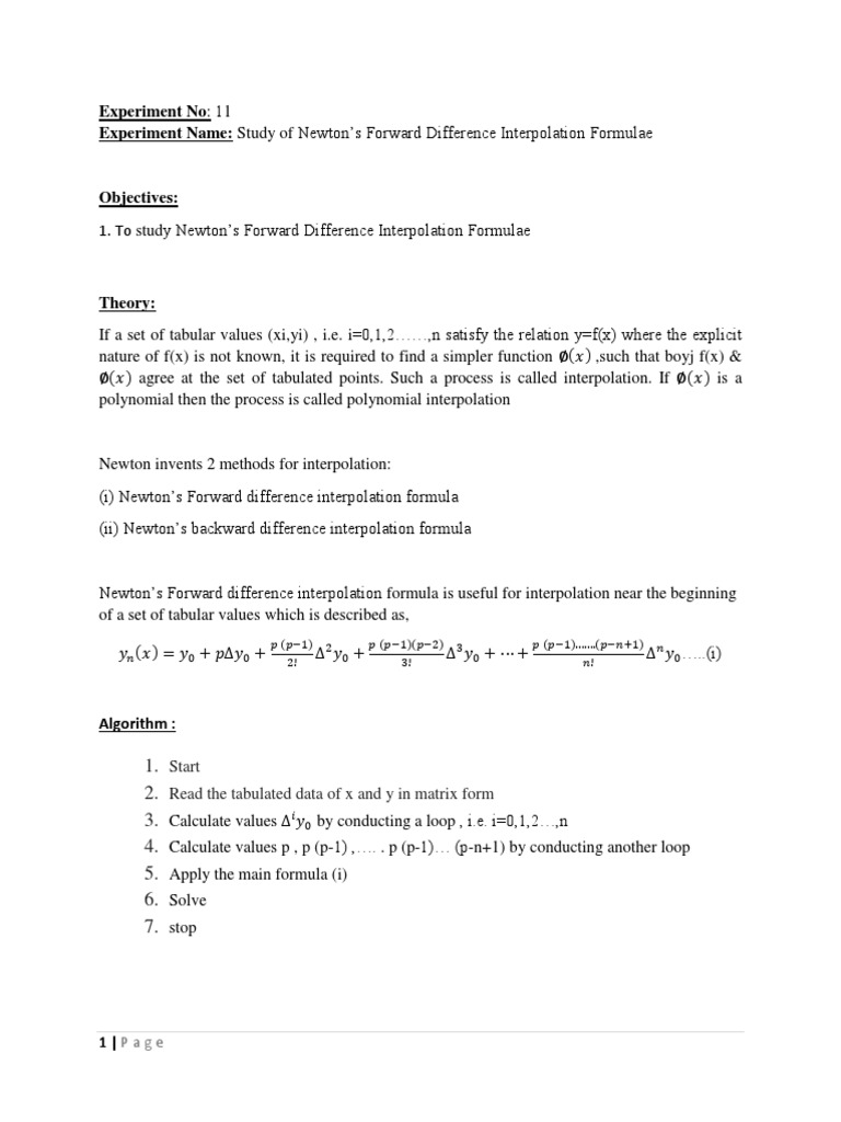 Newton's Forward Difference Interpolation | PDF | Interpolation ...