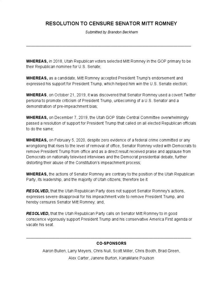 Resolution to censure Sen. Mitt Romney
