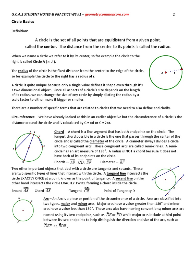 G C A 2 Circle Terms Notes Hw 1 1 Pdf Circle Angle