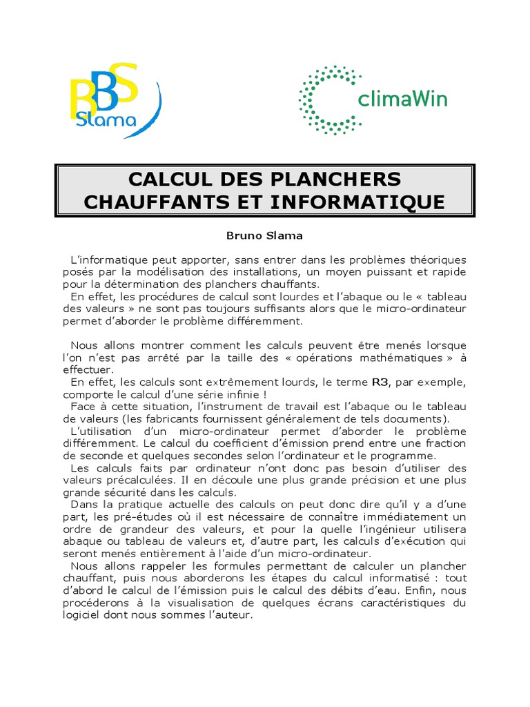 Calcul des Planchers Chauffants Hydraulique PDF Informatique Sous — free download