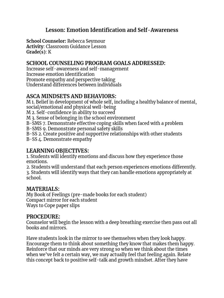 Emotion Awareness in Kindergarten | PDF | School Counselor | Self Awareness