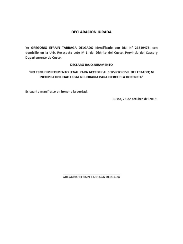 Modelo de DECLARACION JURADA (Docentes) | PDF