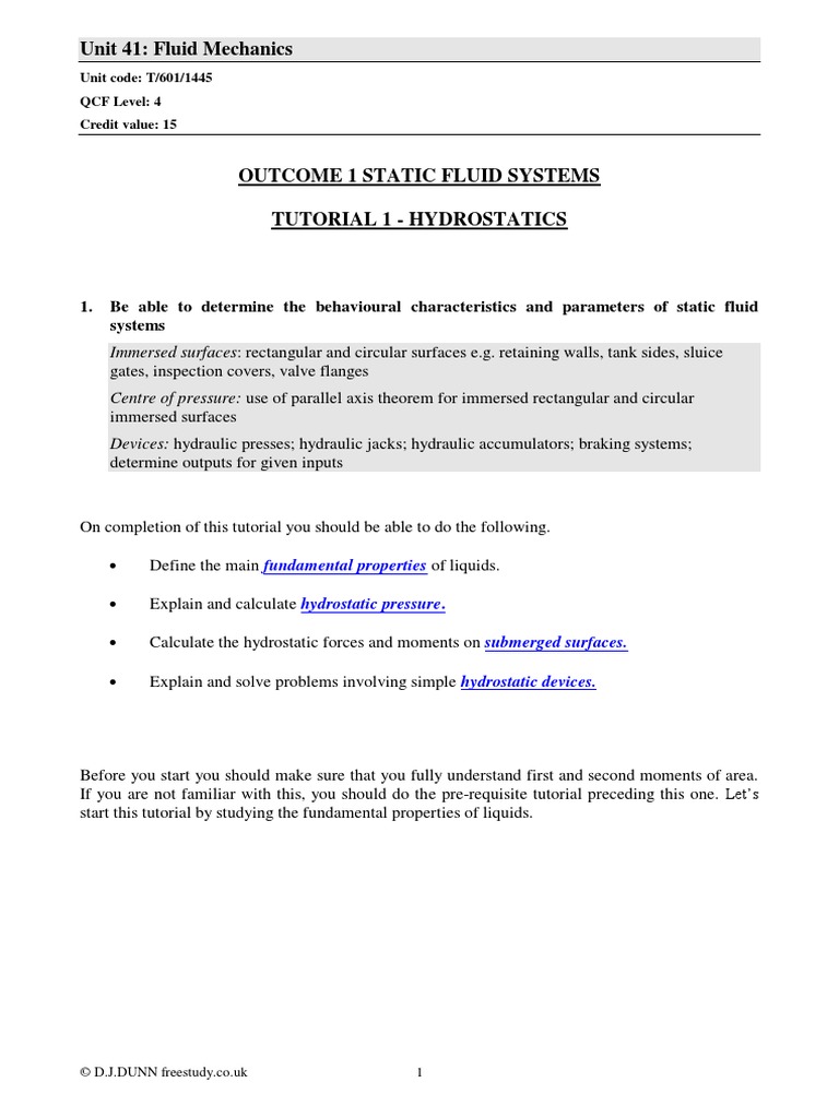 Outcome 1 Static Fluid Systems Tutorial 1 Hydrostatics PDF | PDF ...