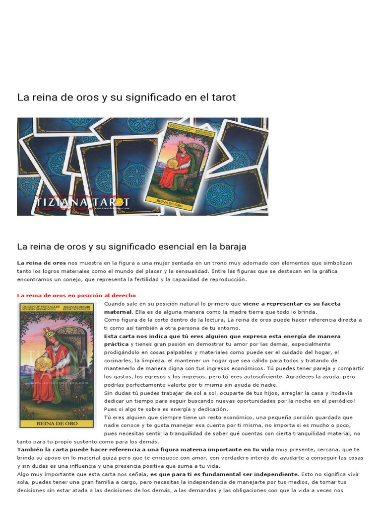 La Reina de Oros y Su Significado en El Tarot | PDF | Vida | Amor