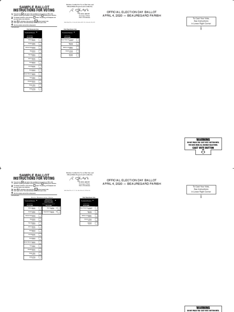 Beauregard Parish AVC Sample Ballots for 442020 Democratic Party