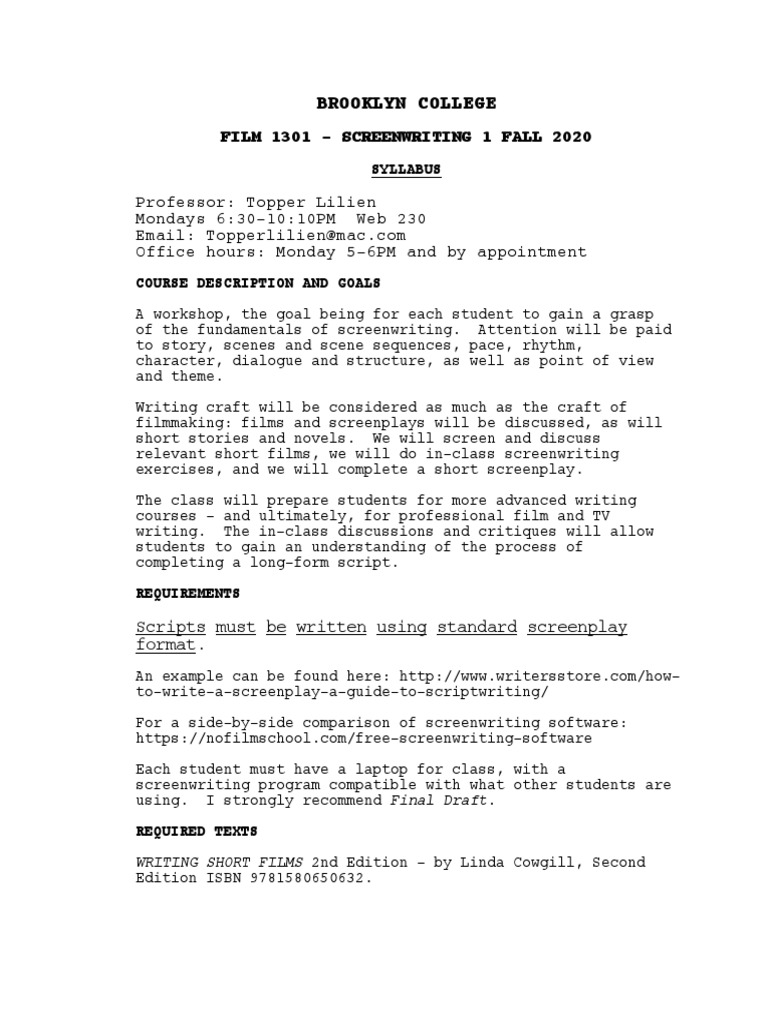 Screenwriting 1 Syllabus Fall 2020 | PDF | Screenplay | Screenwriting