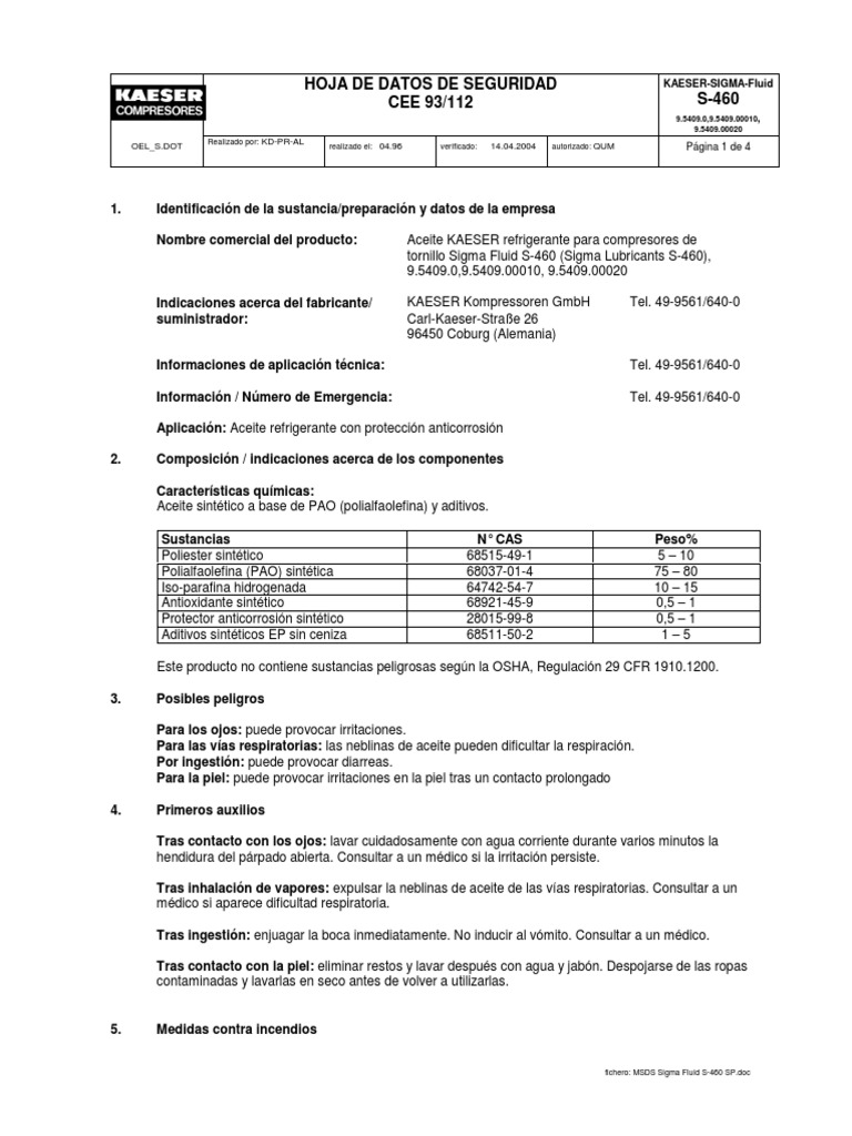 MSDS Sigma Fluid S460 SP PDF Petróleo Agua