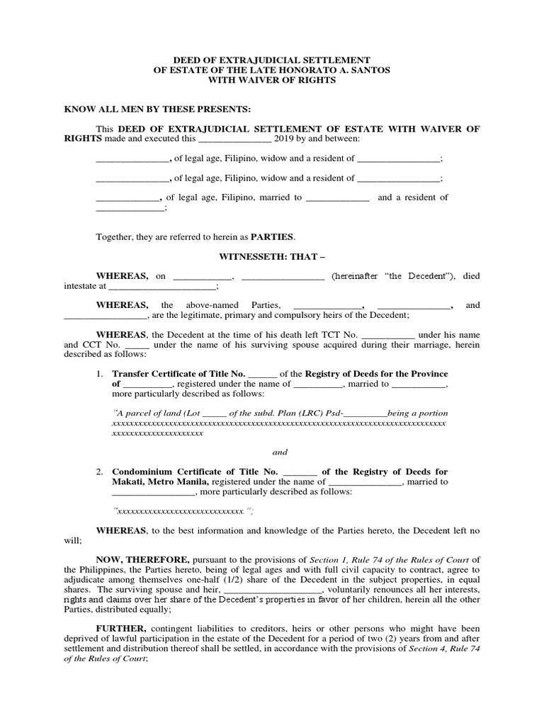 DEED OF EXTRAJUDICIAL SETTLEMENT With WAIVER OF RIGHTS | PDF | Power Of ...