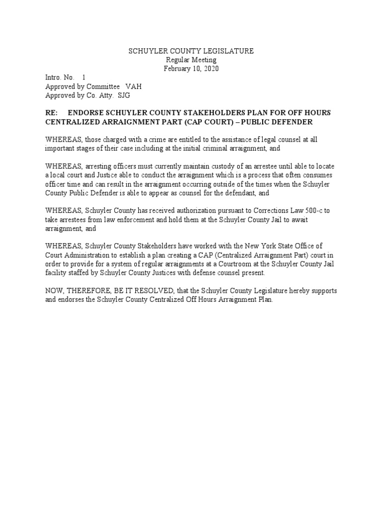 Schuyler County Supports Centralized Arraignment Plan For Local
