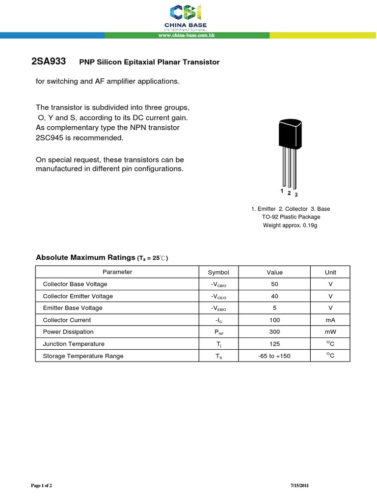2sa933 To92 | PDF | Bipolar Junction Transistor | Transistor