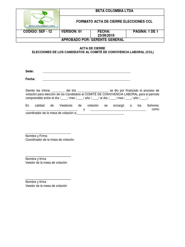 Sef-12 Formato Acta de Cierre Elecciones CCL | PDF