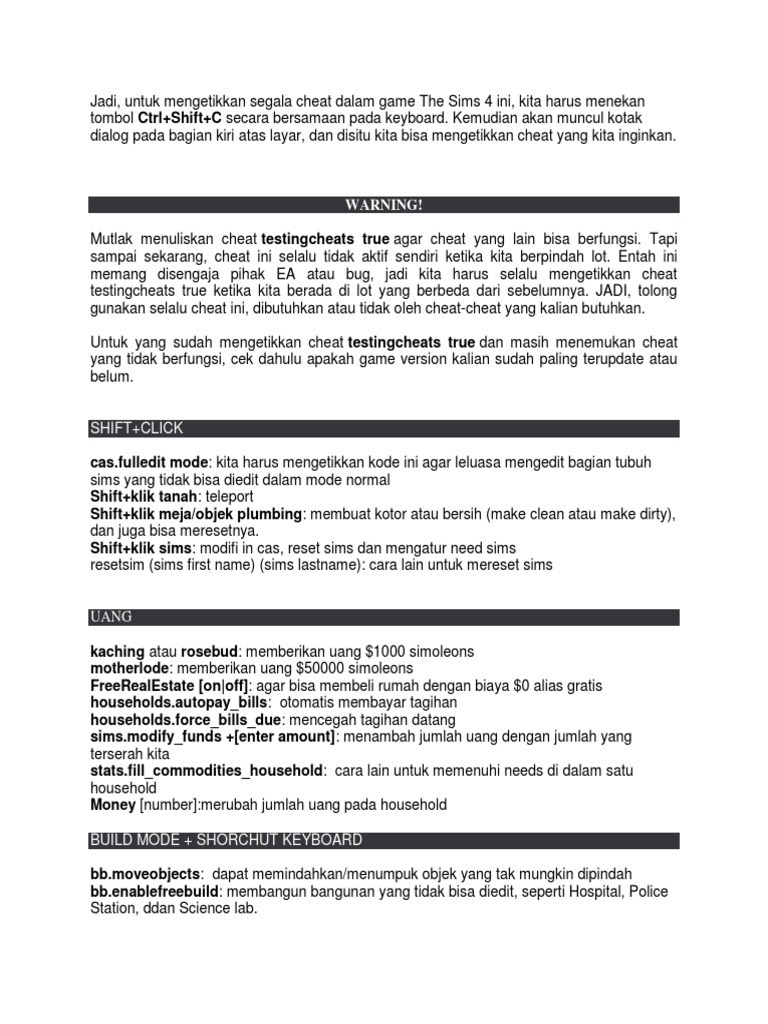 Cheat The Sims 4: Panduan Lengkap | PDF