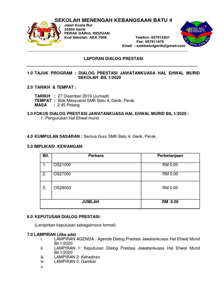 Dp 1 Tapak Laporan Dialog Prestasi 1 Hem 2020 Docx