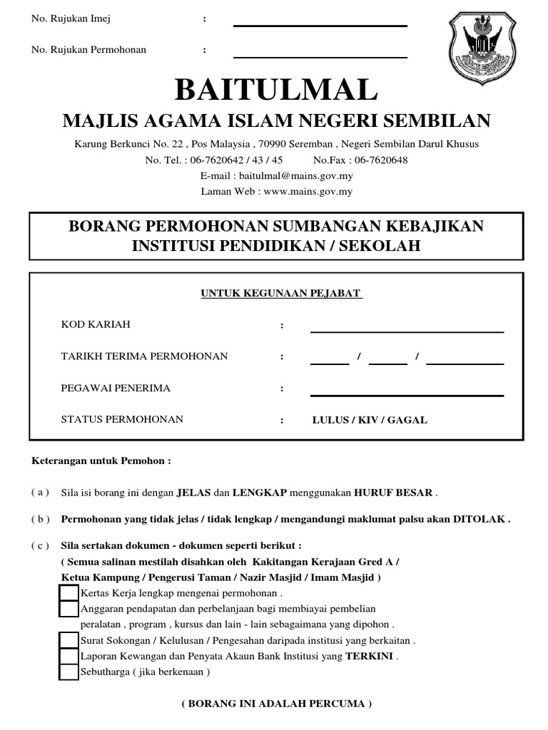 Borang Bantuan Mains Institusi Pendidikan Pdf