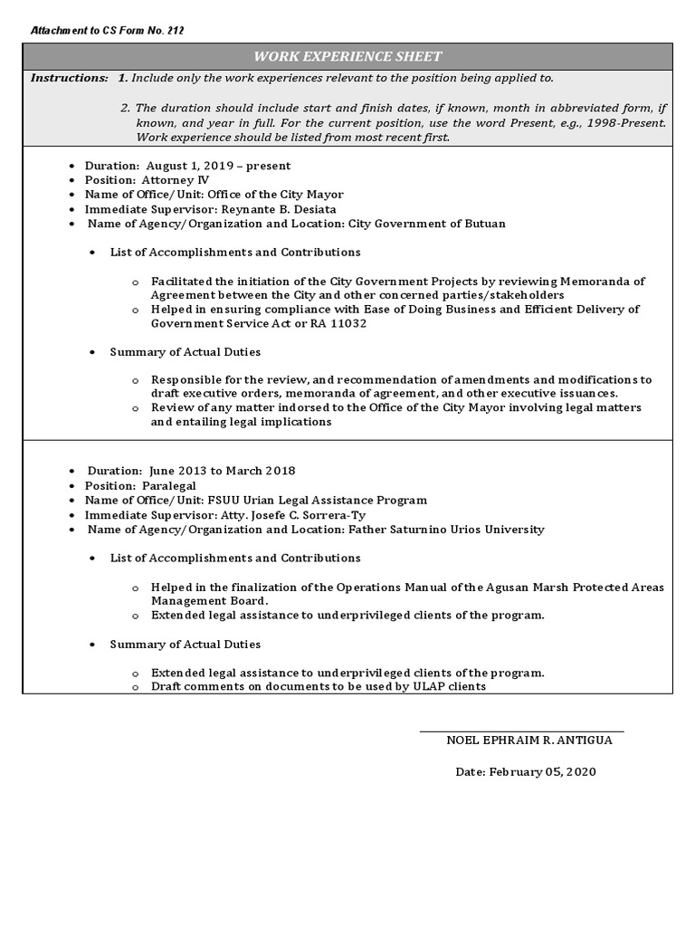CS Form No. 212 Attachment - Work Experience Sheet | PDF | Government ...