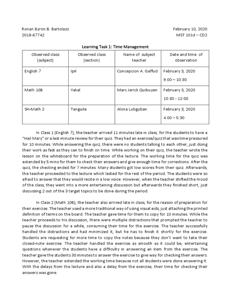 Bartolazo MST 101d Learning Task 1 Time Management | PDF | Teachers ...