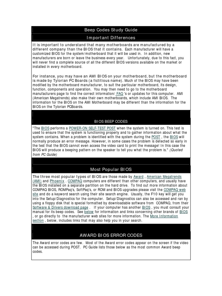 Beep Codes Study Guide Important Differences | PDF