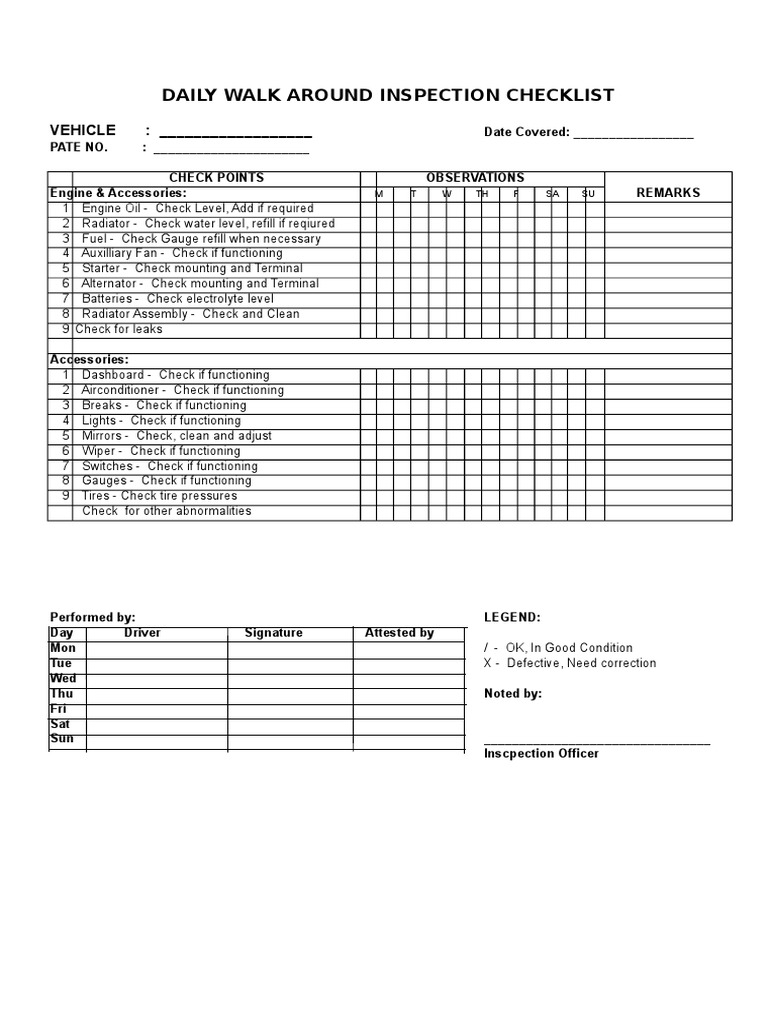 Walk Around Inspection Checklist | PDF | Brake | Truck for Printable Free Vehicle Walk Around Inspection Sheet