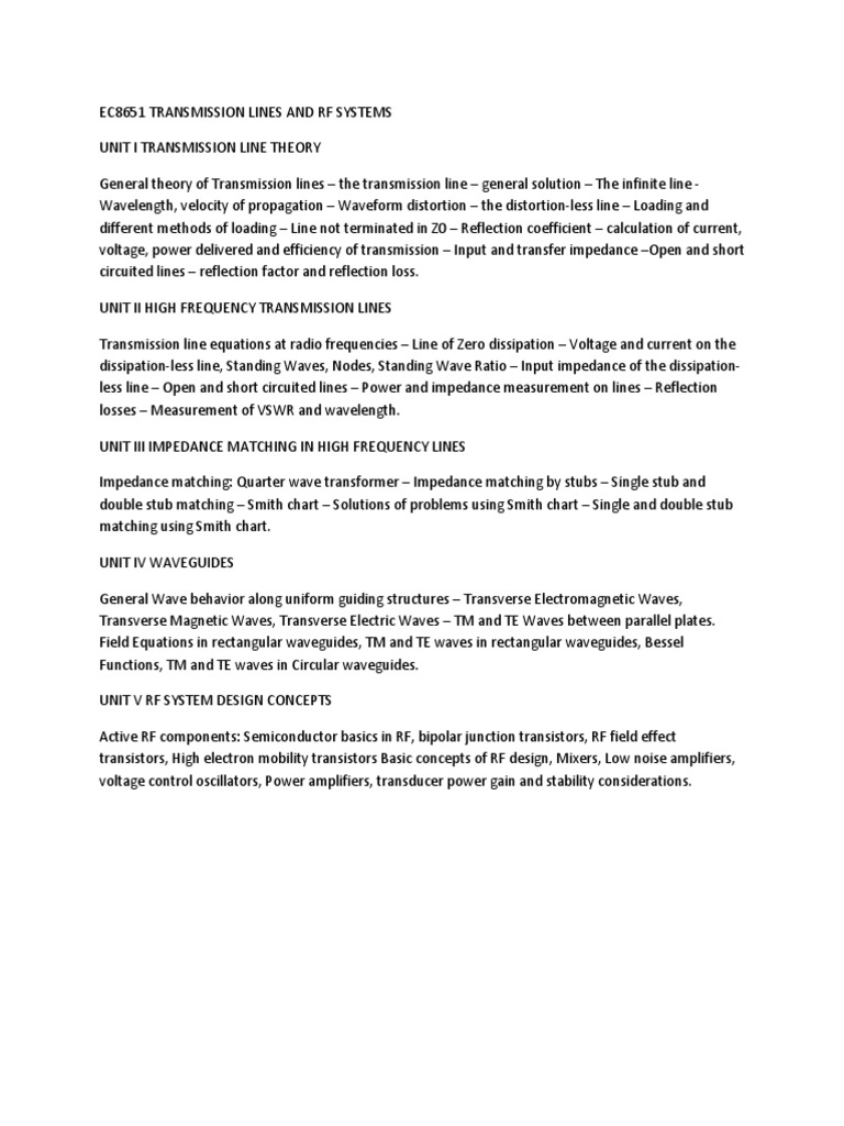 Ec8651 Transmission Lines and RF Systems PDF