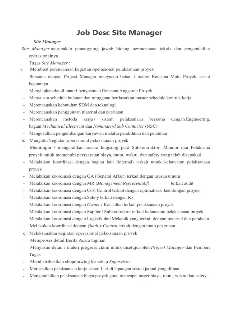 Tugas dan Tanggung Jawab Site Manager | PDF