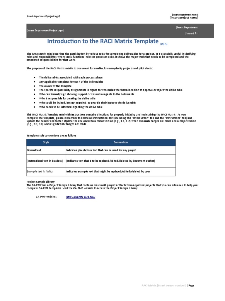 RACI Matrix Mini Template With Instructions | PDF | Project Management ...