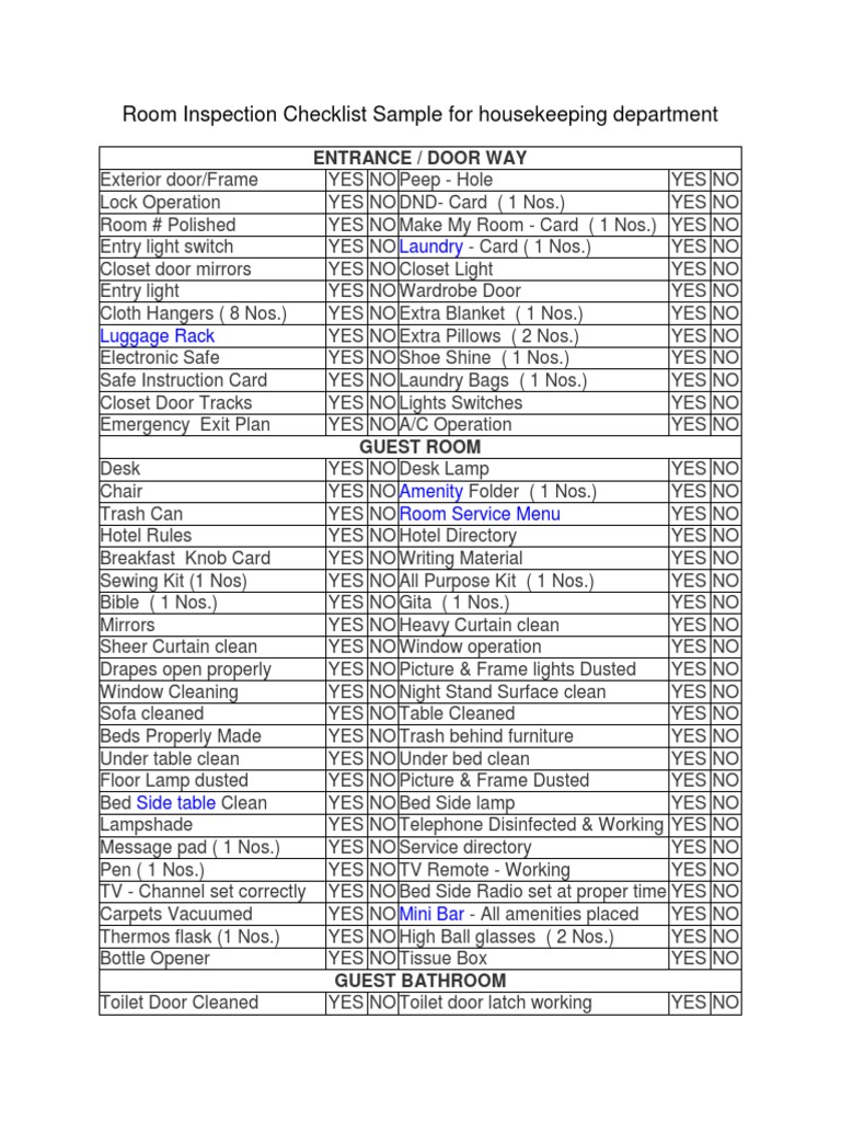 Hotel housekeeping procedures with checklist