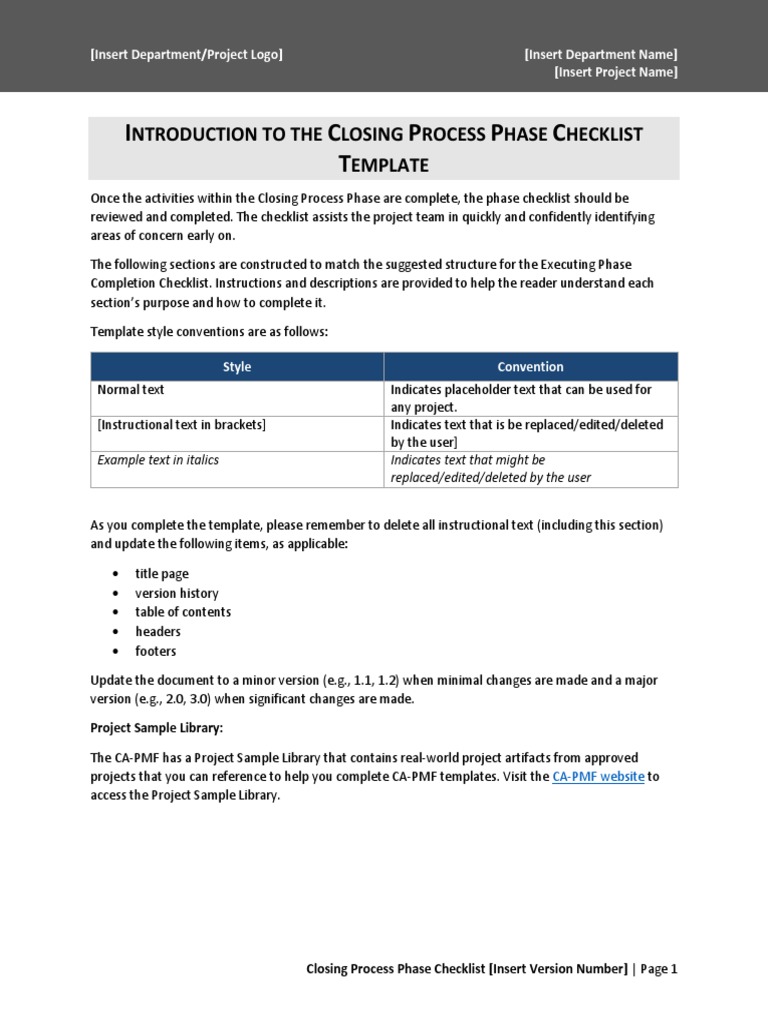 Closing Process Phase Checklist Template With Instructions | PDF ...