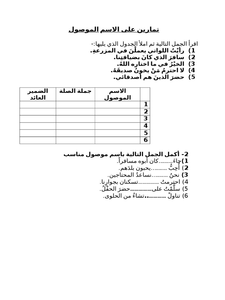 ورقة عمل الاسم الموصول