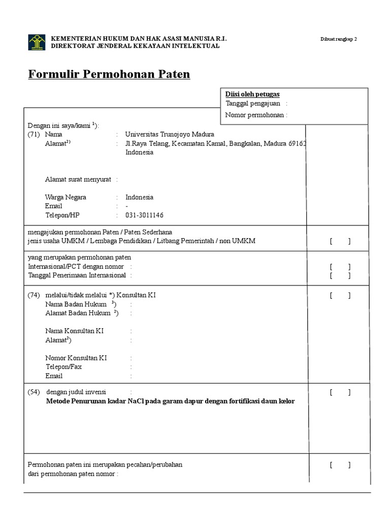 Formulir Permohonan Paten Form 001 | PDF