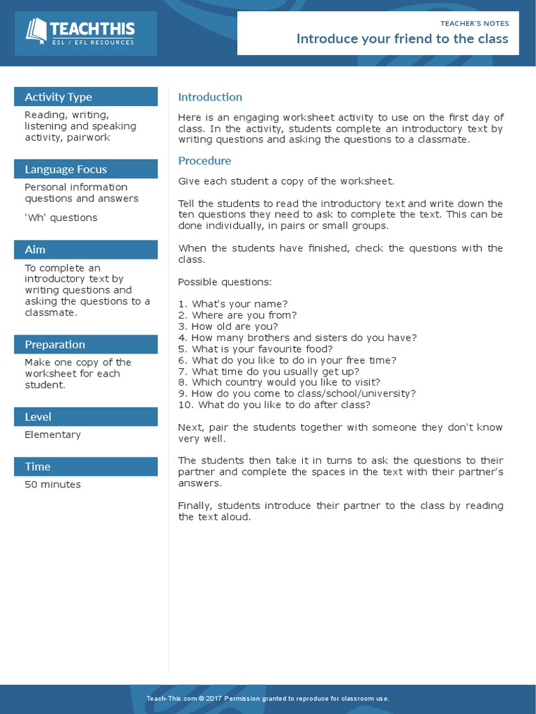 Introduce Your Friend To The Class | PDF | Question | English As A ...