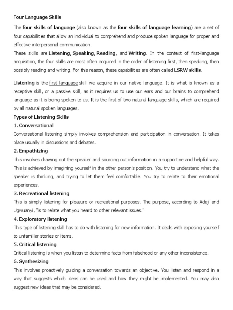Understanding the Four Language Skills | PDF | Language Acquisition ...