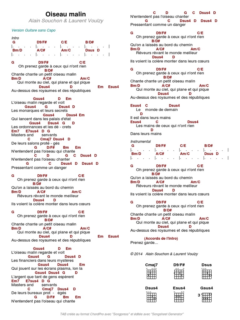 Alain Souchon Oiseau Malin Tablature Guitare Divertissement General