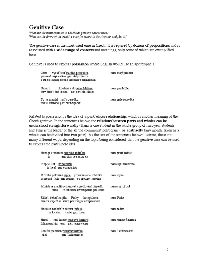 Czech Language Genitive Case Explained PDF Grammatical Gender