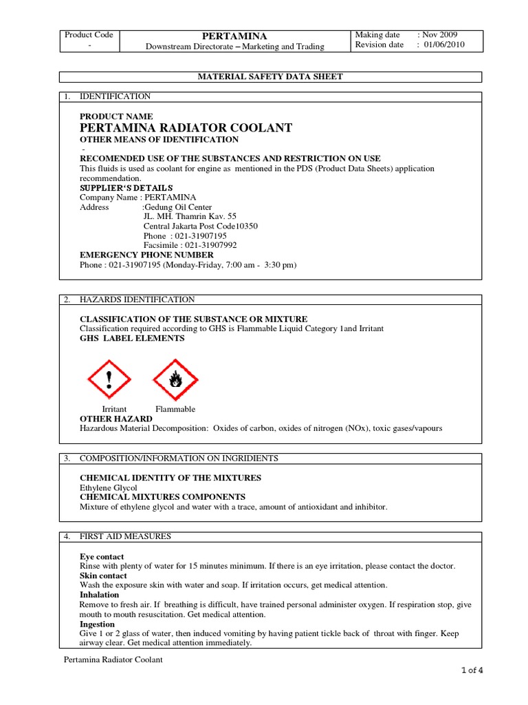 Pertamina Radiator Coolant MSDS PDF Coolant Water