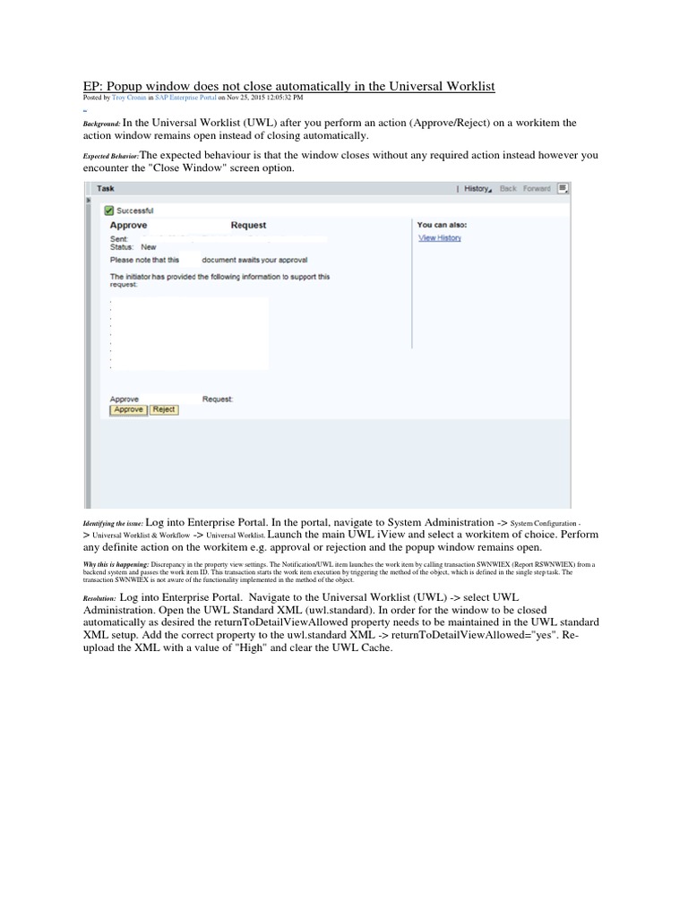 EP Popup Window Does Not Close Automatically in The Universal Worklist