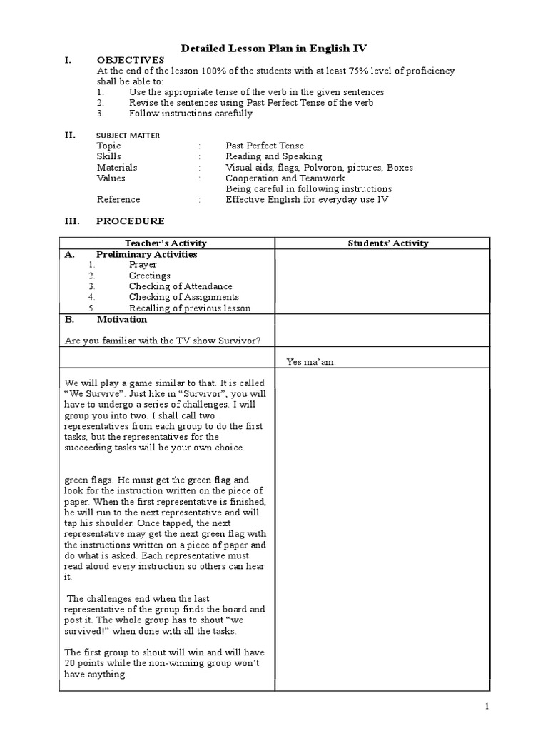Detailed Lesson Plan Past Perfect Tense | PDF | Perfect (Grammar) |  Grammatical Tense