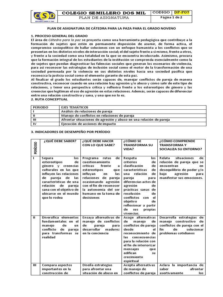 Plan de Cátedra para la Paz 9° | PDF | Estereotipos | Sociedad