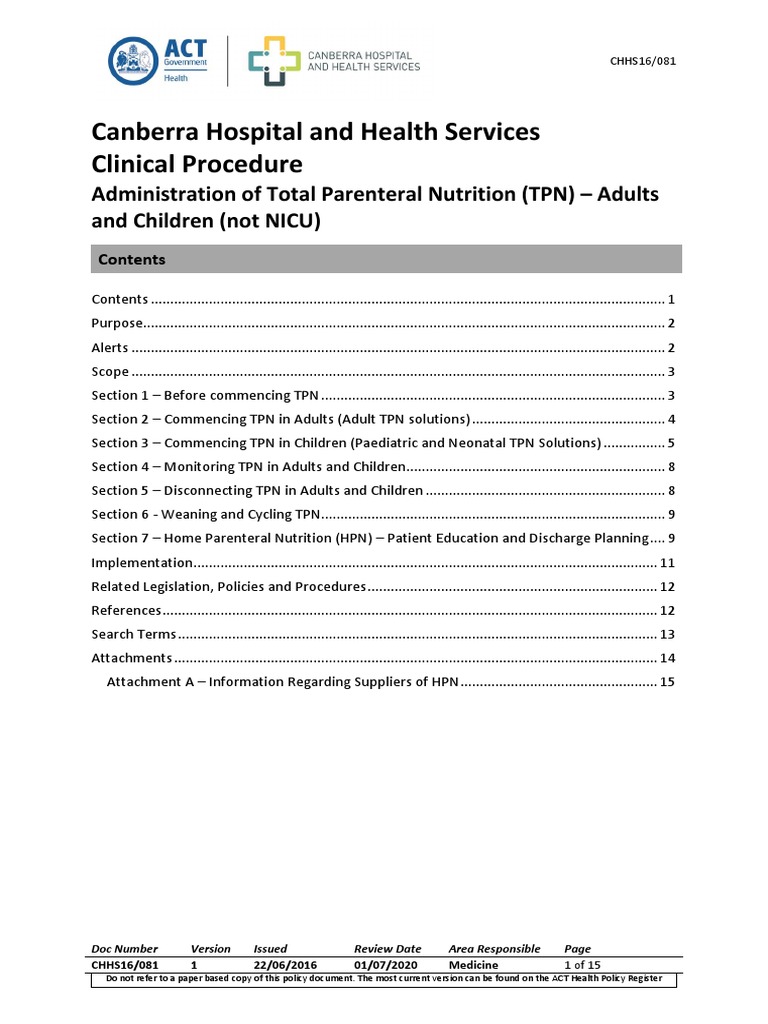 TPN Administration Guidelines for Adults and Children | PDF ...