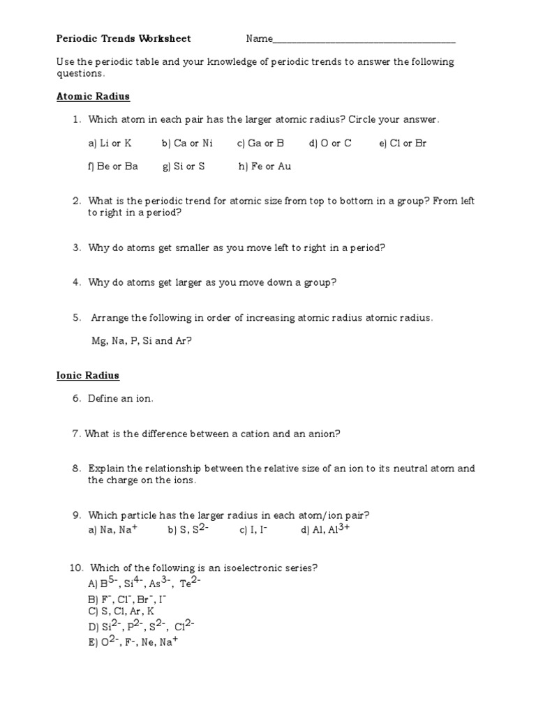 Periodic Trends Worksheet 25  Ion  Sets Of Chemical Elements Regarding Worksheet Periodic Trends Answers