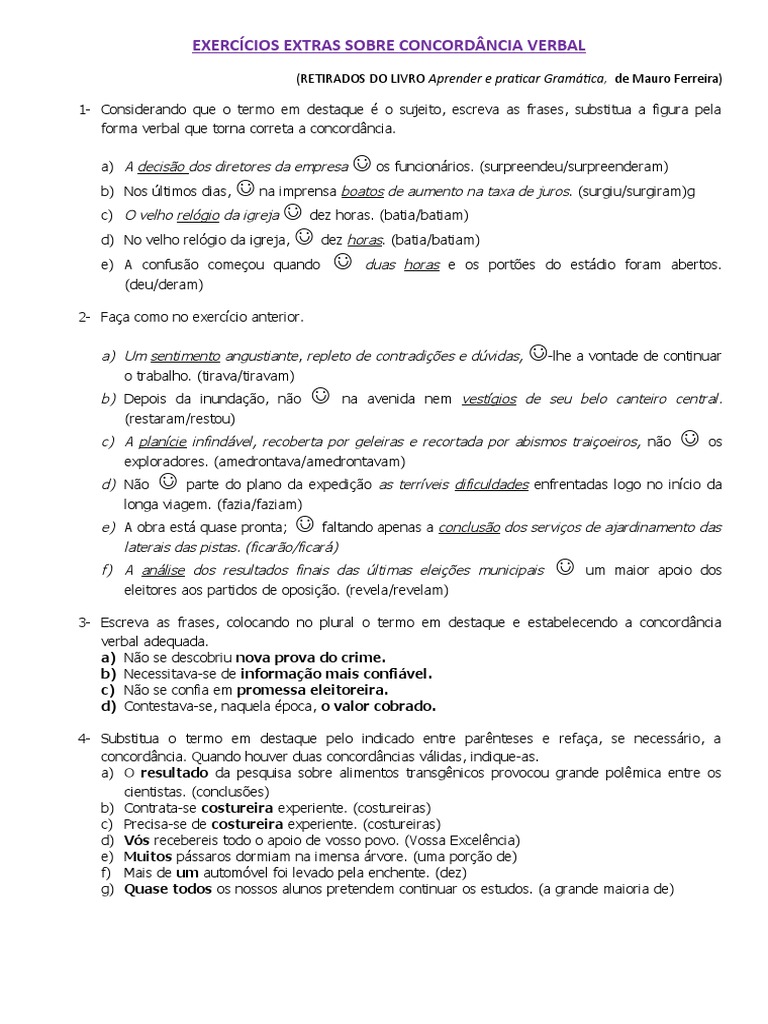 Concordância verbal: exercícios de identificação e correção de erros ...