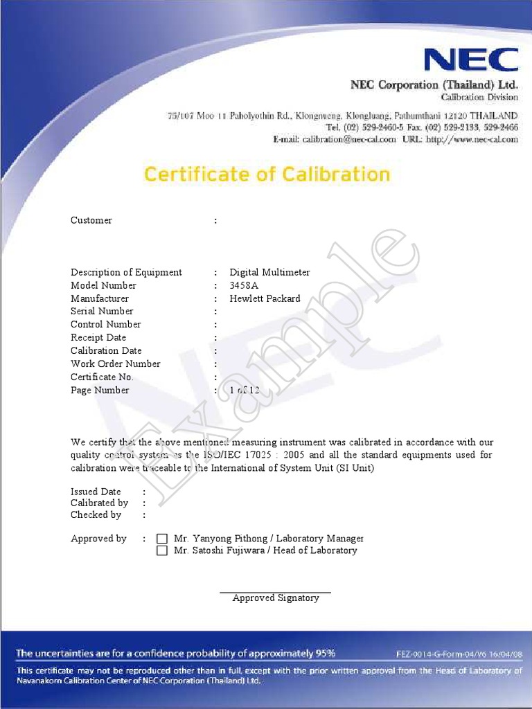 Calibration Certificate For Digital Multimeter PDF Hertz Metrology