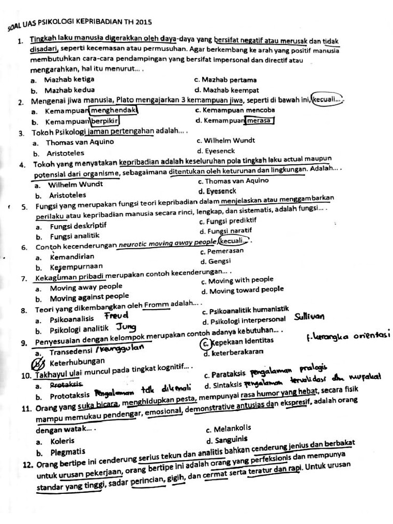 Soal Uas Psikologi Kepribadian 1 Gunadarma Tahun 2015