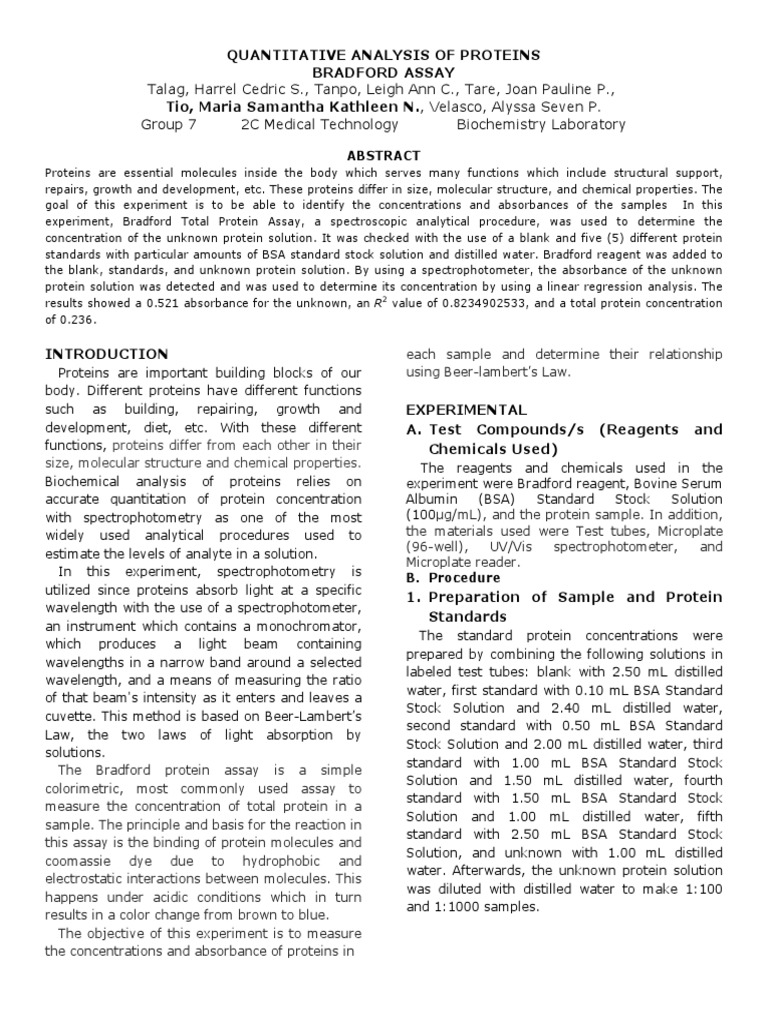 Bradford Assay for Protein Quantification | PDF | Spectrophotometry ...