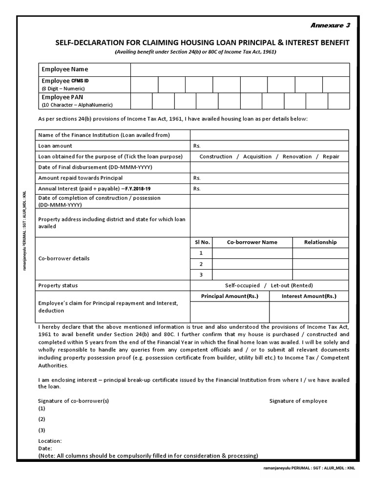 Housing Loan Self Declaration PDF Loans Taxes